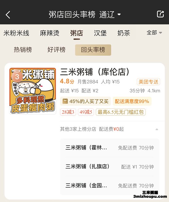 内蒙库伦店粥店回头率榜